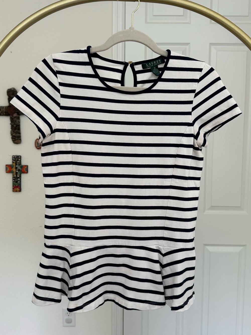 Lauren Ralph Lauren Navy & Cream Striped Peplum Top